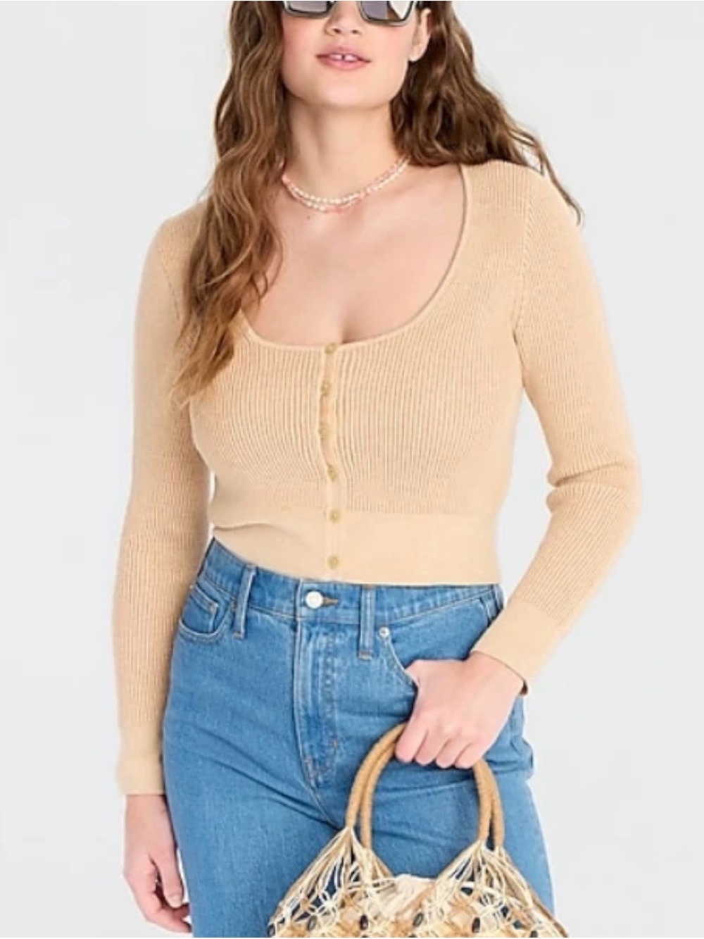 J.Crew Scoop Neck Cardigan M Sand Ribbed Knit Old Money Luxe Normcore